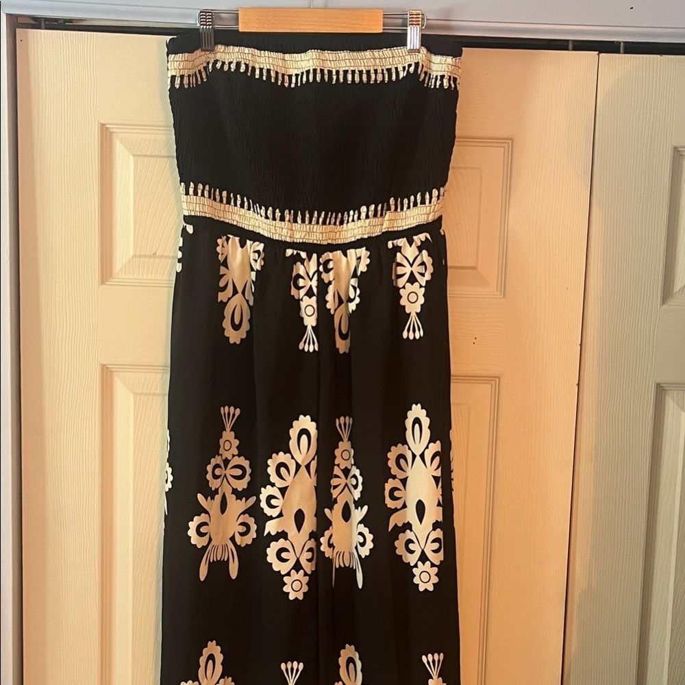 SHEIN Black and Cream Patterned Wide Leg Jumpsuit